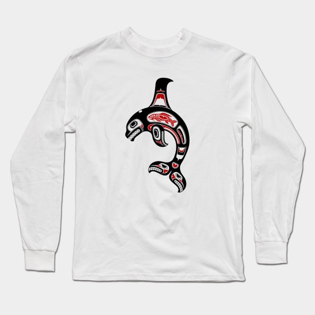 Red and Black Haida Spirit Killer Whale Long Sleeve T-Shirt by jeffbartels